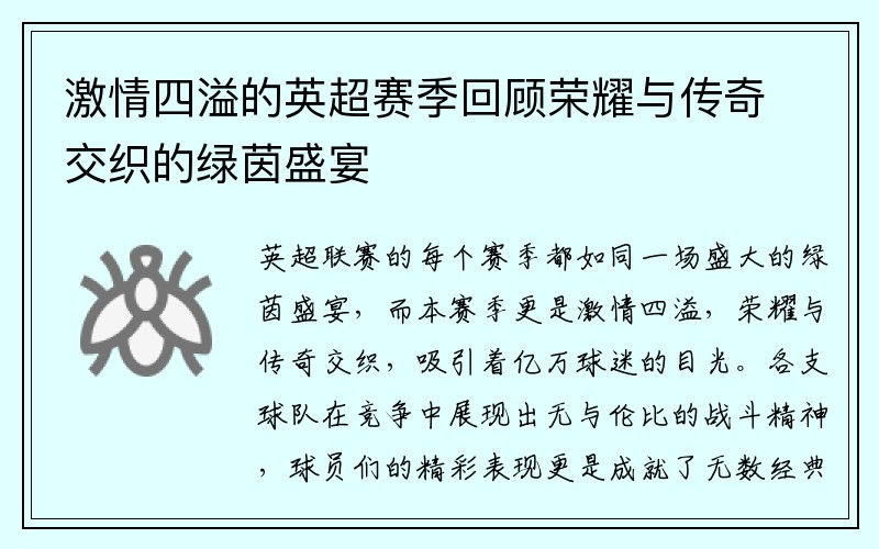 激情四溢的英超赛季回顾荣耀与传奇交织的绿茵盛宴